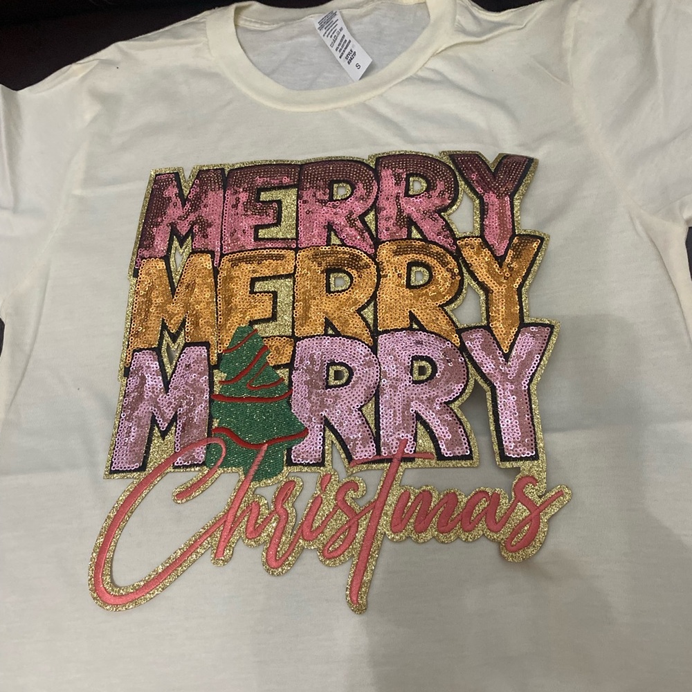 Merry Christmas Shirt - Cream with sequins size small